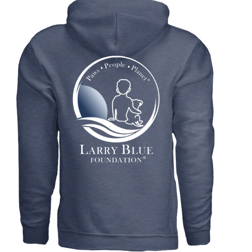 Larry Blue Foundation hoodie, back view, Heather Sport Dark Navy with full crest and wordmark